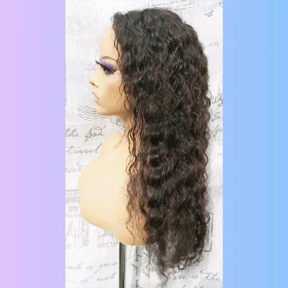 24" 100% Human Hair Wavy Curly Lace Frontal Wig (s1) - Picture 2 of 8